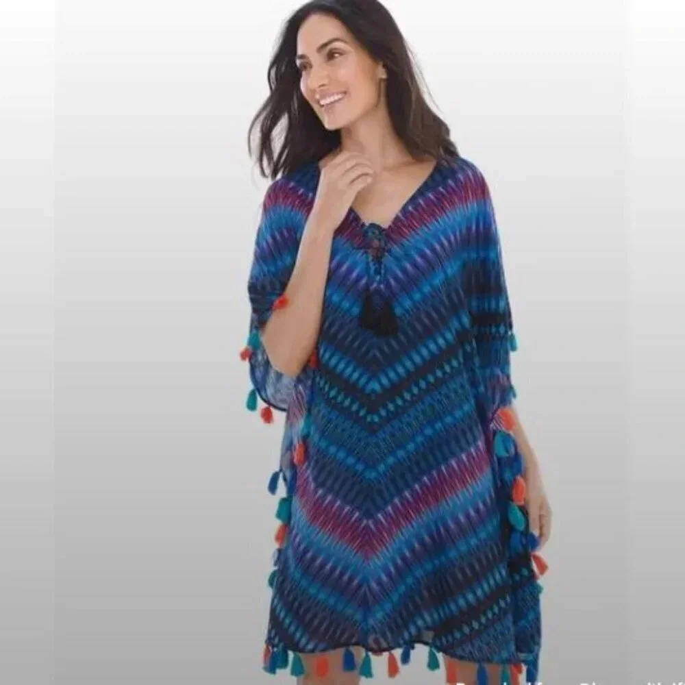MIRACLESUIT Marrakech Caftan Swim Coverup Multi Color Tassles Sz Large‎